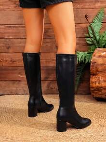 Women's Solid Color Punk Synthetic Fiber Side Zipper Comfortable Elegant Outdoor Autumn/Winter Square Toe Chunky Heel Rubber Sole - Black - View 6