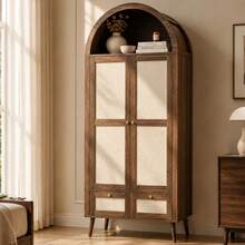 Flieks Arched Wardrobe With 2 Doors & 2 Drawers, 180cm Tall Beige Rattan-Effect Double Wardrobe In Walnut Finish With Hanging Rail & Display Shelf - Walnut - View 1