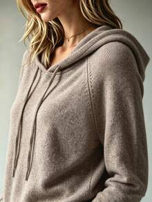 Women's Soft Knit Hooded Sweater, Autumn/Winter Loose Fit Slimming Drawstring Pullover, Raglan Sleeve Solid Color Long Sleeve Casual Top, Versatile Soft Knit Innerwear/Outerwear For Commuting And Daily Wear - Camel - View 4