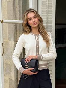 Women Knit Cardigan, Fall Winter Contrast Striped Round Neck Long Sleeve Y2K Sweet Pure Desire Textured Top For Beach Party Vacation - Apricot - View 2