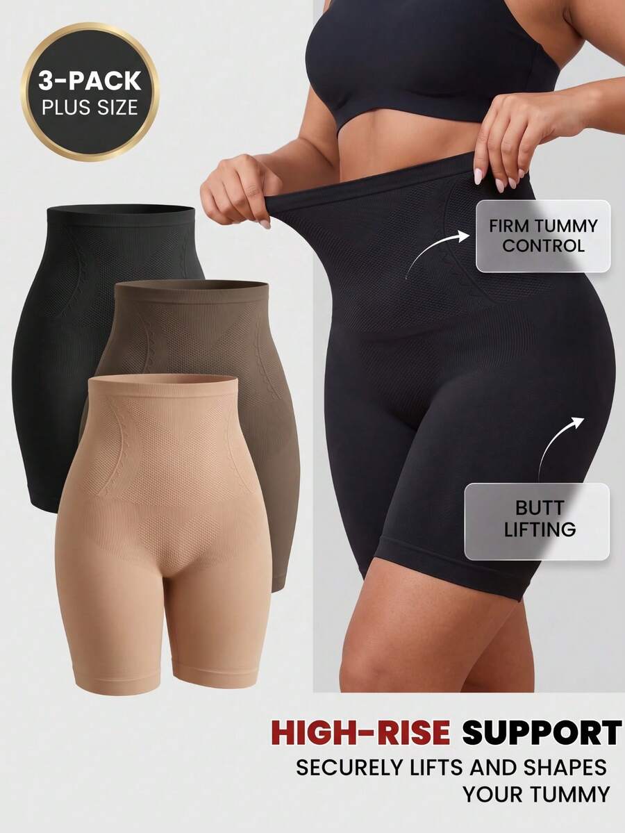 Plus Size 3 Packs Seamless High-Waist Shaper Shorts, Firm Tummy Control Body Shaper, Butt Lifting Compression Panties - Multicolor - View 1