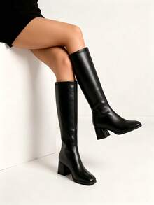 Square Toe Chunky Heel Slim Fit Knee-High Ankle Boots, Slip-On Women's Fashion Tall Boots - Black - View 4