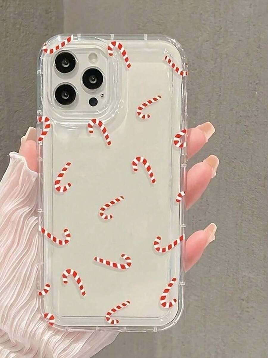 1pc Christmas Candy Cane Frosted Clear Print Phone Case,Compatible With IPhone 18 Pro Max 17 Pro Max 16 Pro Max 15 Pro Max 14 Pro Max & 11/12/13/14/15/16/17/18 Pro/Plus - Red - View 1