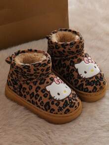 Hello Kitty Girls' Leopard Print KT Plush Boots, Autumn/Winter Thick Thermal Lined Soft Sole Warm Cute Snow Boots - Brown - View 5