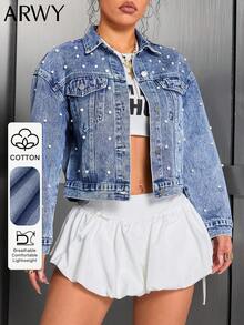 Women's Stylish Pearl Embellished Denim Jacket, Light Wash Long Sleeve Button Front Jean Coat With Collar, Short Length Non-Stretch Fabric Outerwear - Light Wash - View 4