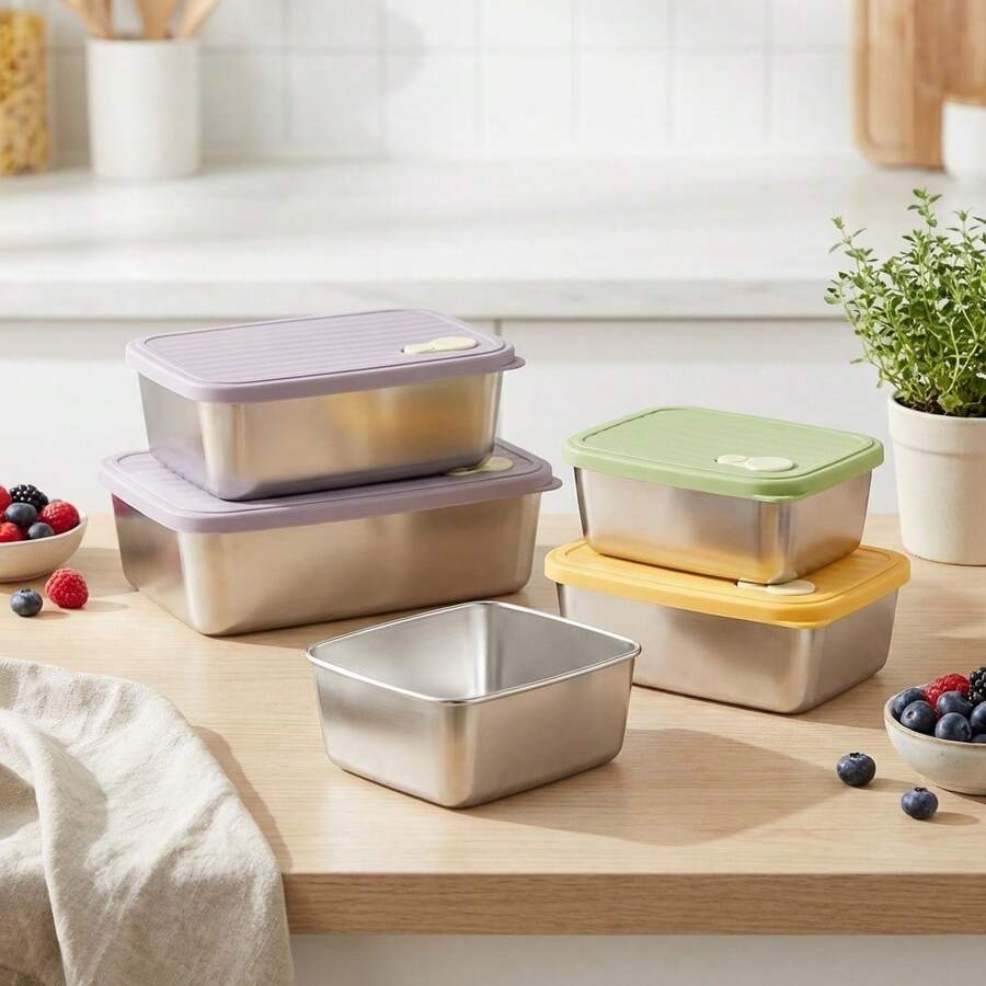 1 hộp bảo quản thực phẩm tươi trong tủ lạnh bằng thép không gỉ 304 có nắp, hộp đựng thịt kín chống rò rỉ, hộp bảo quản tươi tái sử dụng, dùng được trong lò vi sóng, có thể xếp chồng, tiết kiệm không gian, phù hợp làm hộp đựng thực phẩm cho nhà bếp và nhà hàng - Nhiều màu - Xem 1