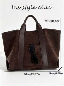 Vintage Minimalist Tote Bag, Dual Handle Design With Front Pocket, Square Structured Shape, Spacious Interior For Various Personal Items, Clean And Timeless Silhouette, Suitable For Commuting And Travel, Effortlessly Creating A Sophisticated And Elegant Outfit - Coffee Brown - View 2