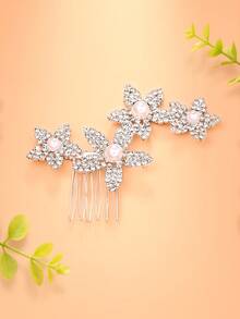 outingfit 1pc Fashion Rhinestone Flower Hair Comb Bridal Updo Accessory Handmade Luxury Full Rhinestone Pearl Hair Clip Headwear Versatile - Silver - View 5