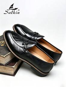 Salkin 男士復古設計一腳蹬樂福鞋，平價奢華優雅紳士社交正式鞋，手工縫線，適合中年、年輕、學生返校、畢業典禮、大學風休閒鞋，辦公商務通勤鞋，派對宴會婚禮新郎鞋，西裝穿搭，節日禮物，春夏秋季，大尺碼男鞋，請選擇大一號 - 黑色 - 查看 10