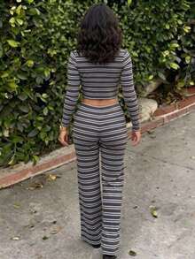 Casual Fashion Striped Round Neck Long Sleeve Wide Leg Pants Set - Blue - View 6