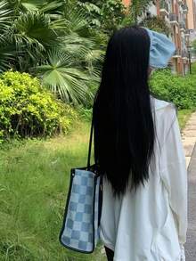 黃色帆布托特包，小眾大容量通勤單肩包，極簡購物包，女性百搭托特包 - 藍色 - 查看 3