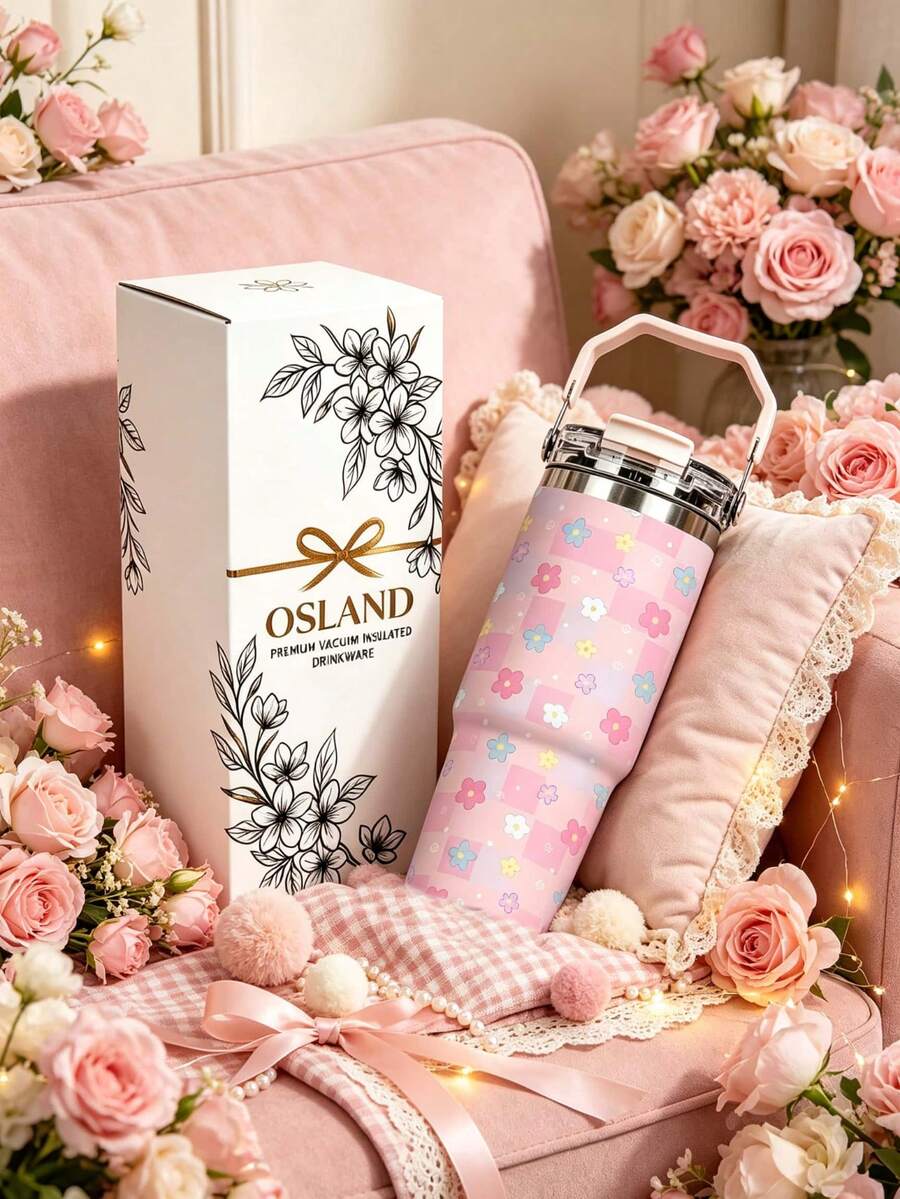1個/5個 30盎司馬卡龍色格紋花卉保溫隨行杯,不鏽鋼材質,附手把、吸管與防漏翻蓋,柔和多彩花卉與馬卡龍格紋印花,生日與節日禮物,適合旅行、工作、健身及日常戶外使用 - 粉色-格紋花卉 - 查看 1