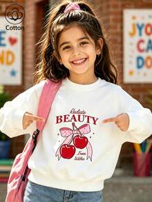 Girls' Cute Printed Drop-Shoulder Round-Neck Long-Sleeve Casual Sports Sweatshirt - White - View 1