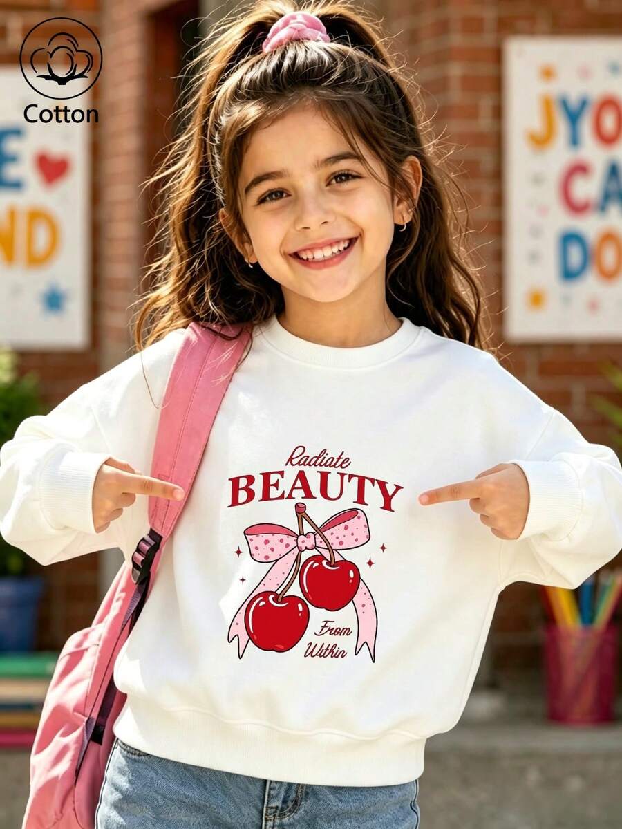 Girls' Cute Printed Drop-Shoulder Round-Neck Long-Sleeve Casual Sports Sweatshirt - White - View 1