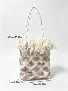 Korean Style Shiny Feather Sequin Pink & Silver Patchwork Niche Design INS Style Large Capacity Tote Bag For Commute, Outing, Daily Shopping, Shoulder Slouchy Handbag - Pink - View 9