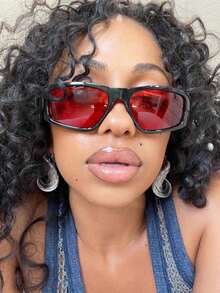 1pc New Y2K Fashion Asymmetric Futuristic Street Style Women's Glasses - Black Frame Red Film - View 1
