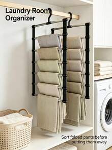 7-Bar Multi-Function Pants Rack, Available In Black And White. 7 Independent Hanging Bars Can Simultaneously Store Multiple Pants, Scarves, Shawls, Leggings, Fully Utilizing Vertical Closet Space, Eliminating Clothing Piles And Wrinkles, Significantly Saving Closet Storage Space. Fits Most Closet Hanging Rods, Convenient And Quick Access To Clothing. Smooth Edge Protection Treatment, Resistant To Snagging And Scratching Fabrics, Stable Load-Bearing And Deformation-Resistant. - Multicolor - View 8