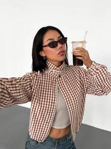 Women's Spring/Autumn Thin Red Plaid Zip-Up Mock Neck Shirt, Long Sleeve Loose Button Cuff Blouse, Preppy Style Casual Shirt - Light Brown - View 8