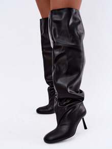 Women's Over-The-Knee Stiletto Boots Galena Ruched Faux Leather Autumn-Winter Black Brown - Black - View 6