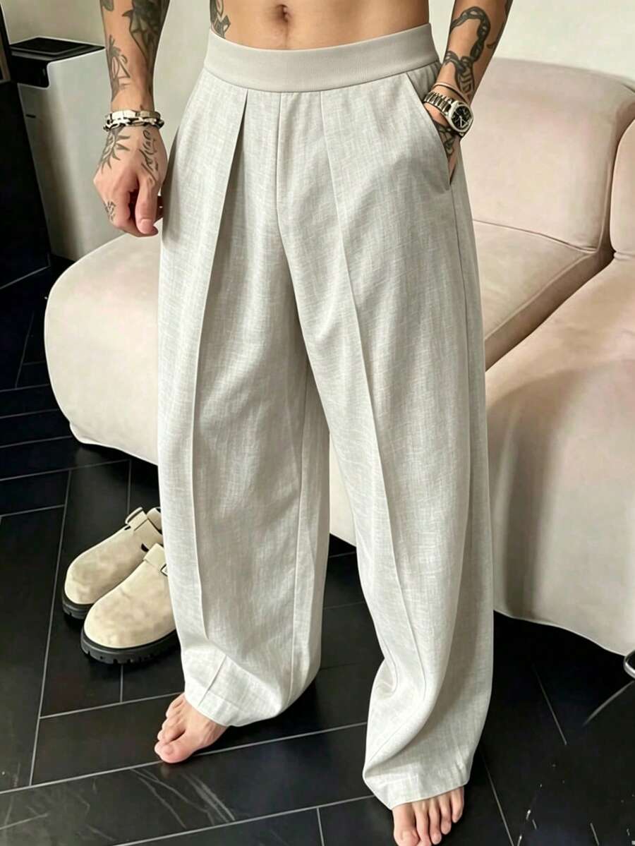 Wide Leg - Men's Elastic Waist Fashion Casual Solid Color Long Pants - Apricot - View 1