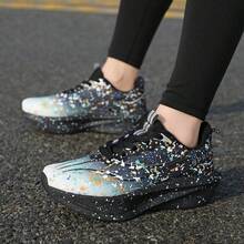 Sepatu Olahraga Pria dan Wanita Ukuran Besar Motif Abstrak Bercak Tinta, Permukaan Rajutan Gradien Pudar, Bertali, Sol Tebal Berkontur, Sepatu Sneaker Cross-Train Bergaya - Hitam - View 9