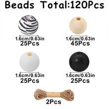 120pcs Beads & 2 Hemp Ropes, 16mm Beads Is Smooth, Lightweight, For Keychains, Wreaths, Farmhouse Decor, And Party Decorations - Black and White - View 2