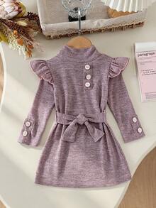 2pcs Baby Girl Soft Comfortable Half-High Neck Ruffle Edge Button Decor Long Sleeve A-Line Dress With Detachable Waist Tie, Spring/Autumn - Mauve Purple - View 3