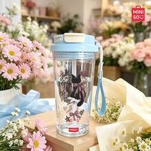 MINISO Transparent Water Cup, Cute Little Black Cat Pattern Coffee Cup, Clean And Refreshing, 550ML Transparent Water Cup, With Straw, Cup, Easy To Carry; Valentine's Day Gift. - Baby Blue - View 5