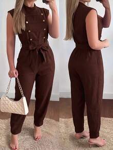 LUNNELUX Women Fall Brown Sleeveless Stand Collar Jumpsuit, Decor Button Belted Wide Leg Cropped Jumpsuit With Pockets, Halloween Daily Outfit - Brown - View 10