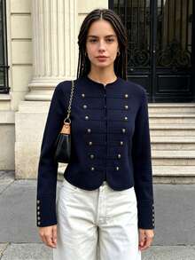 DEEKA Cardigan Rajut Kancing Depan Gaya Eropa & Amerika Terbaru untuk Wanita, Musim Gugur, Modis, Minimalis, Serbaguna - Navy Blue - View 4
