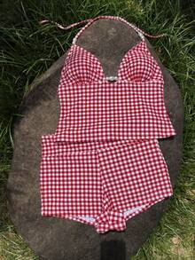 Women's 2pcs Red & White Plaid Bikini Shorts Set, Pearl Decor, Elegant Swimsuit Set, Suitable For Summer Beach Vacation Party - Multicolor - View 2