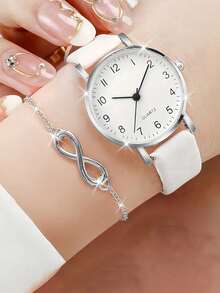 Women's Fashion Minimalist Digital Small Dial Quartz Watch + Jewelry Set (3pcs/Set) - White - View 2