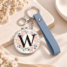 1pc 26 Letters Optional Floral Design Double-Sided Portable Makeup Mirror, 1X High Definition Mirror 180° Foldable PU Leather Pendant, Girls Bag Keychain Mirror/Bag Charm - Multicolor - View 27