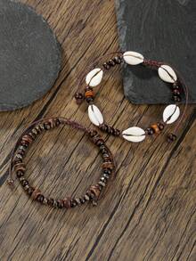2pcs Men's Summer Holiday Natural Coconut Shell Wood Bead Shell Beaded Adjustable Anklet, Suitable For Vacation, Father's Gift Or Couples Gift - Multicolor - View 12