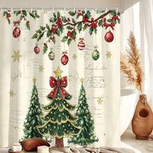 1pc Christmas Tree & Christmas Ball Shower Curtain, Vintage Design, Waterproof Bath Curtain, Suitable For Bathtub Partition, Bathroom Decor And Bathroom Accessories, Home Decor Gift, Includes 12 Hooks - Multicolor - View 6