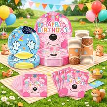50pcs Pink & Blue Monster Theme Tableware Set, Includes Printed Plates, Cups And Napkins, Suitable For Children's Monster Theme Birthday Party And Cartoon Party - Multicolor - View 8