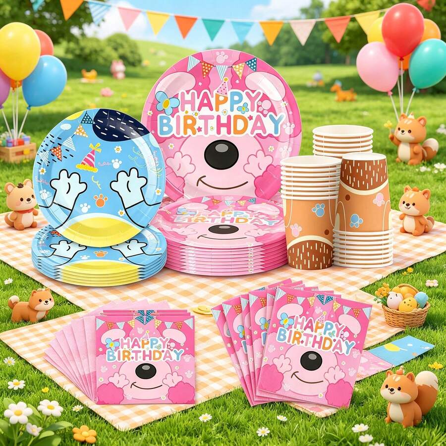 50pcs Pink & Blue Monster Theme Tableware Set, Includes Printed Plates, Cups And Napkins, Suitable For Children's Monster Theme Birthday Party And Cartoon Party - Multicolor - View 1