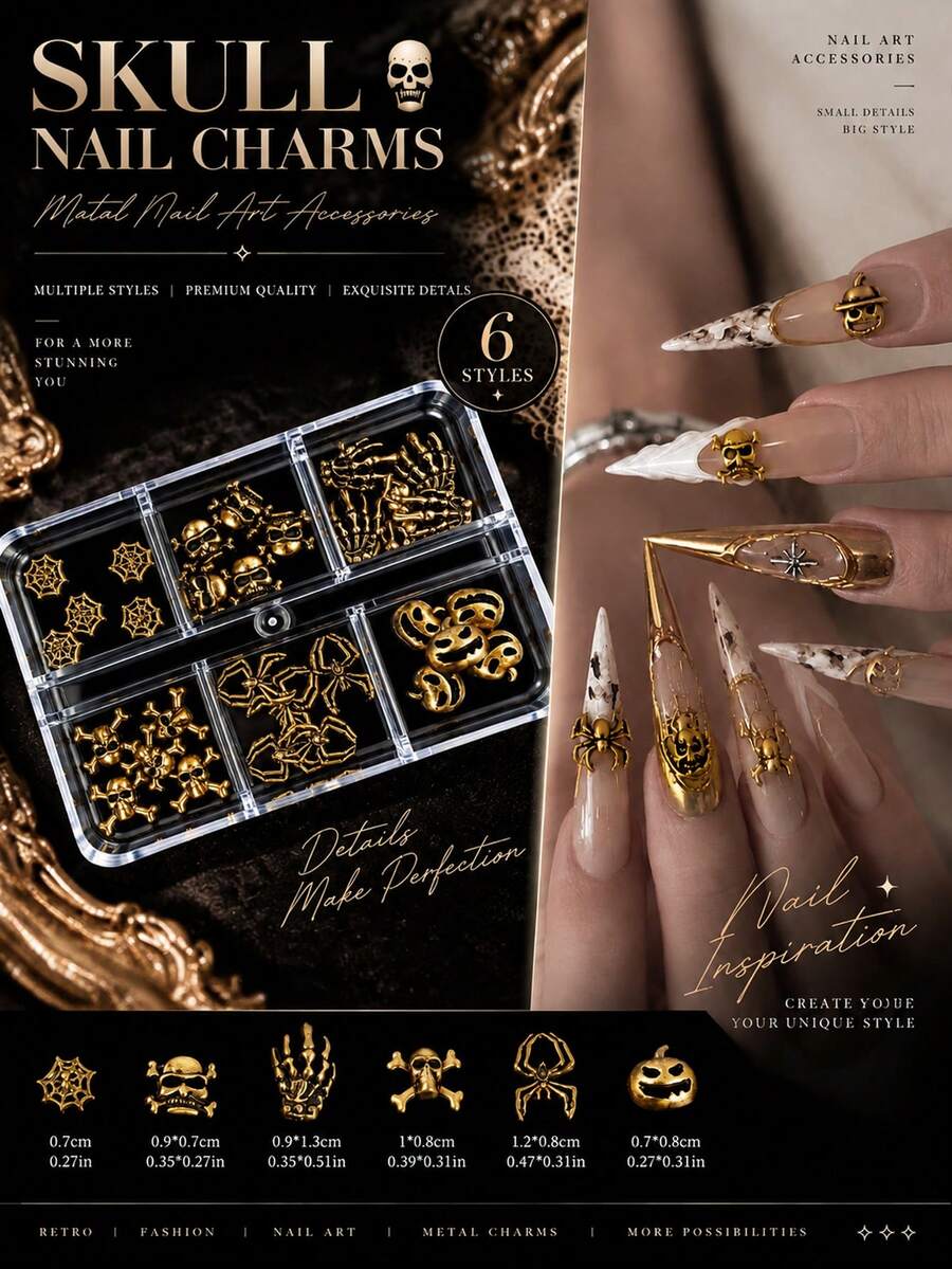 1pc 30pcs Autumn Halloween Alloy Nail Art Charms, Dark Gothic Style Multi-Design Nail Decoration Accessories - Gold - View 1
