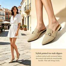 Sepatu Mule Datar Wanita Ujung Lancip dengan Dekorasi Gesper, Sepatu Kasual Sehari-hari untuk Perjalanan, Sepatu Slip-On dengan Penutup Ujung Tertutup, Sepatu Loafer Tanpa Bagian Belakang - Khaki - View 1