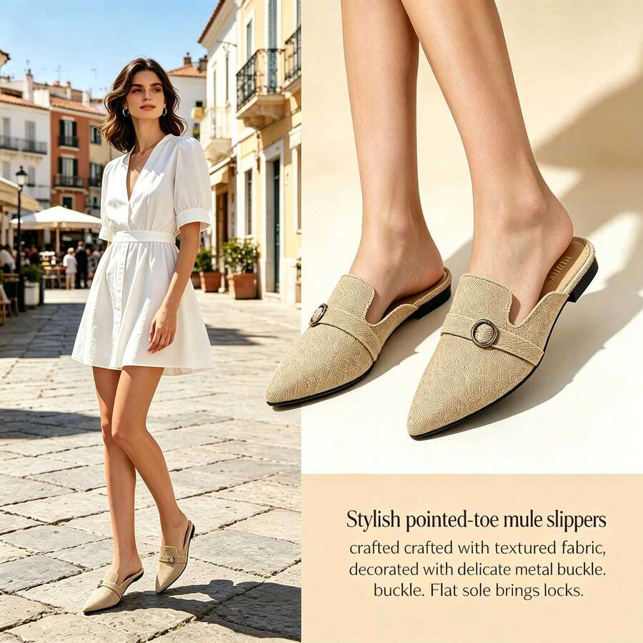 Sepatu Mule Datar Wanita Ujung Lancip dengan Dekorasi Gesper, Sepatu Kasual Sehari-hari untuk Perjalanan, Sepatu Slip-On dengan Penutup Ujung Tertutup, Sepatu Loafer Tanpa Bagian Belakang - Khaki - View 1