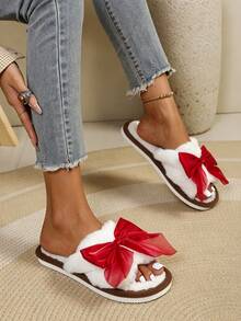Sweet Pink Large Bow Plush Slippers Women Autumn Winter Warm Indoor Open Toe One-Strap Fuzzy Slippers - Red - View 8