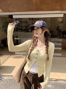 Sweet & Cute 2 In 1 Patchwork Long Sleeve T-Shirt, Women's Autumn Top - Yellow - View 4