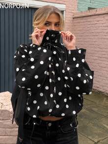 Lightweight Oversized Polka Dot Print Drawstring Jacket, Casual Style For Spring & Autumn Black - Black - View 2