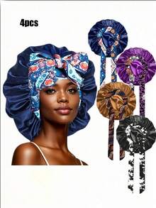 4pcs Women's Solid Color Satin Sleep Caps With Drawstring, Silky Elastic Hair Protection Sleep Caps, Comfortable Sleep Caps, Suitable For Daily Use - B - View 20