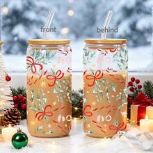 Christmas 1pc/5pcs 16oz Clear Glass Cup With Red Bow And Leaf Christmas Pattern, Bamboo Lid And Glass Straw, Crystal Clear Texture, Suitable For Daily Use And Holiday Parties - Multi-color - Christmas Ribbon - View 3