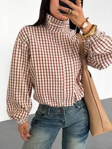 Women's Spring/Autumn Thin Red Plaid Zip-Up Mock Neck Shirt, Long Sleeve Loose Button Cuff Blouse, Preppy Style Casual Shirt - Light Brown - View 7