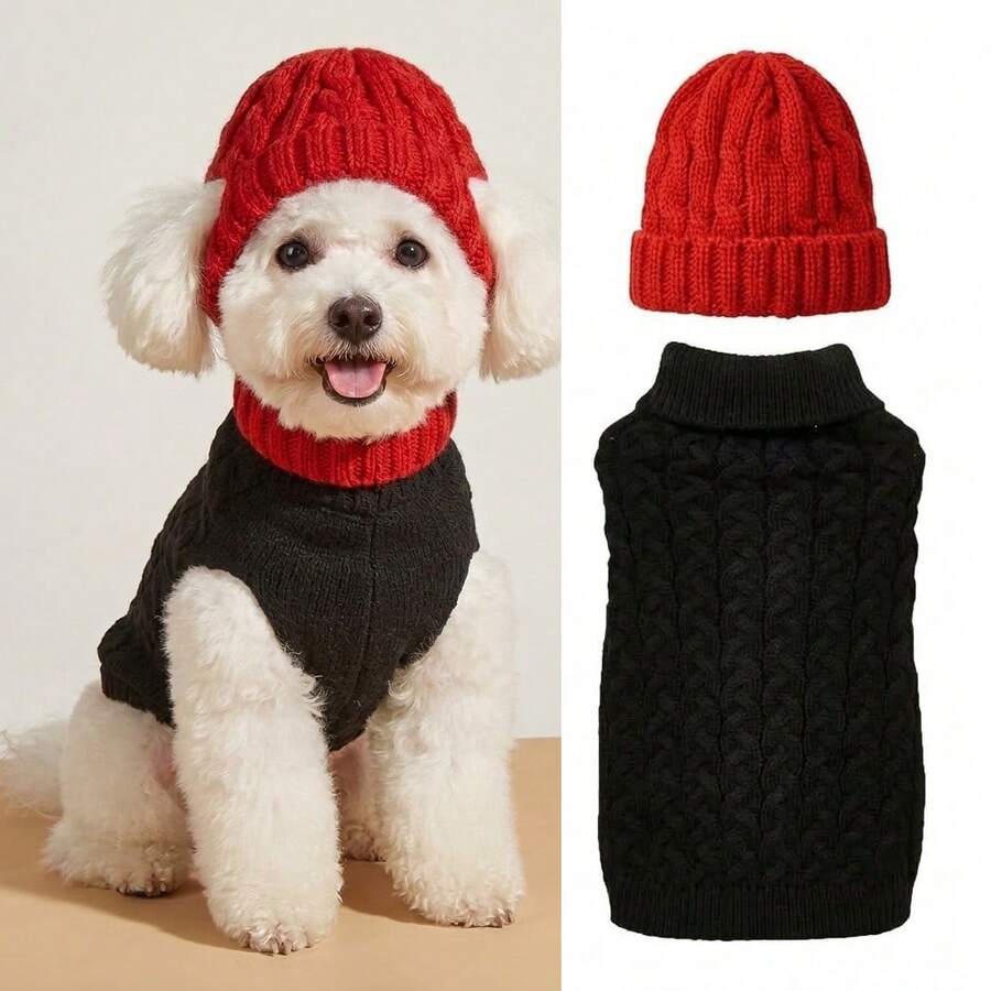 Dog Sweater And Hat Set, Retro Cable Knit Winter Pet Clothes For Small Dogs, Warm Dog Outfit, Sweater Only Option Available - Black - View 1