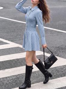 Women's Elegant Plaid Shirt Short Dress, Collared Long Sleeve Ruched Cinched Waist A-Line Skirt, Suitable For Daily Outings And Commuting - Baby Blue - View 3