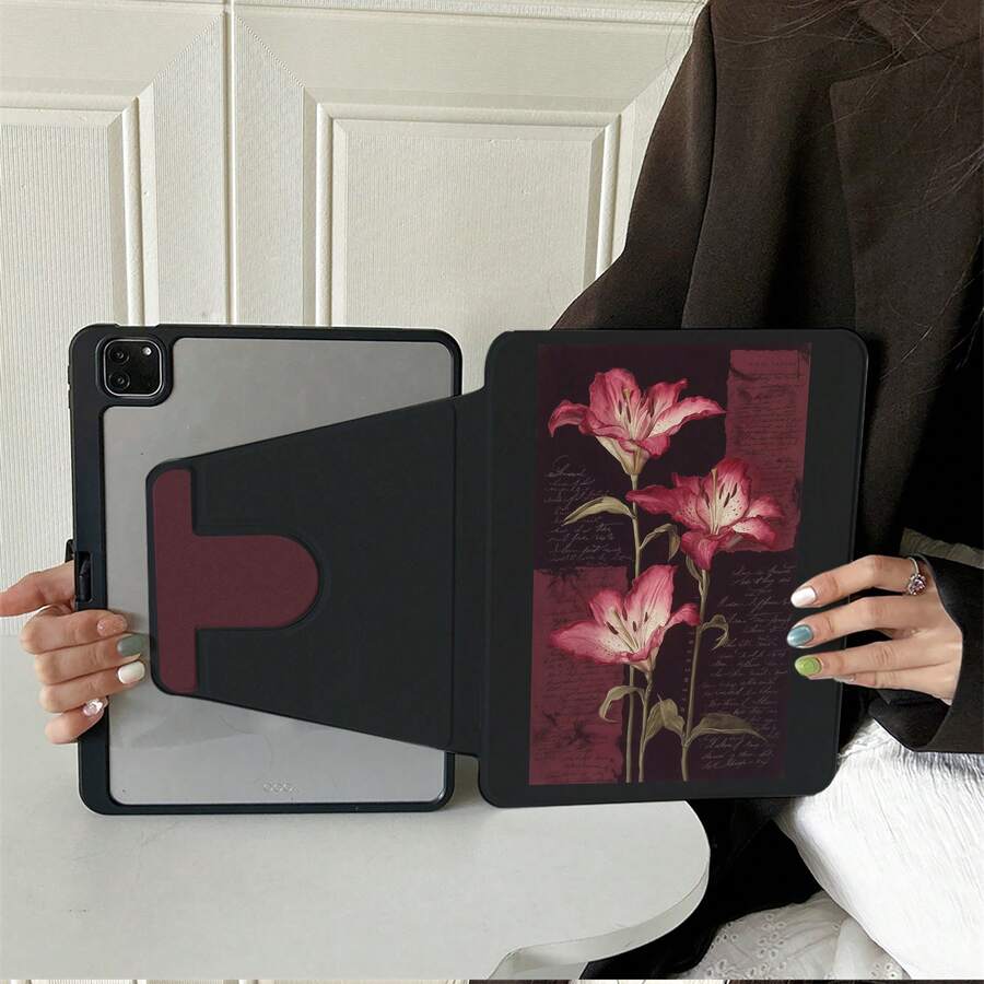 1pc Black Cover Vintage Deep Red Background Pink Lily Old Manuscript Text Print Tablet Protective Case, Compatible With IPad Air 6/5/4 &10 (10.9 Inch) - Compatible With IPad Pro 2024, Air M3/A16 2025, Compatible With Samsung Galaxy Tab S9 FE/S8 Plus/S7/S10, Compatible With OPPO Pad, Compatible With Huawei MatePad, Compatible With Vivo Pad, Compatible With Honor Pad, Compatible With Xiaoxin Pad