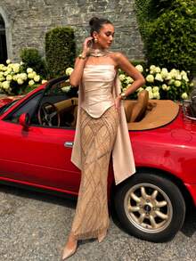 UNITHORSE[Random Cut]Bandeau Waist-Cinching Satin Patchwork Sequin Dress - Champagne - View 3